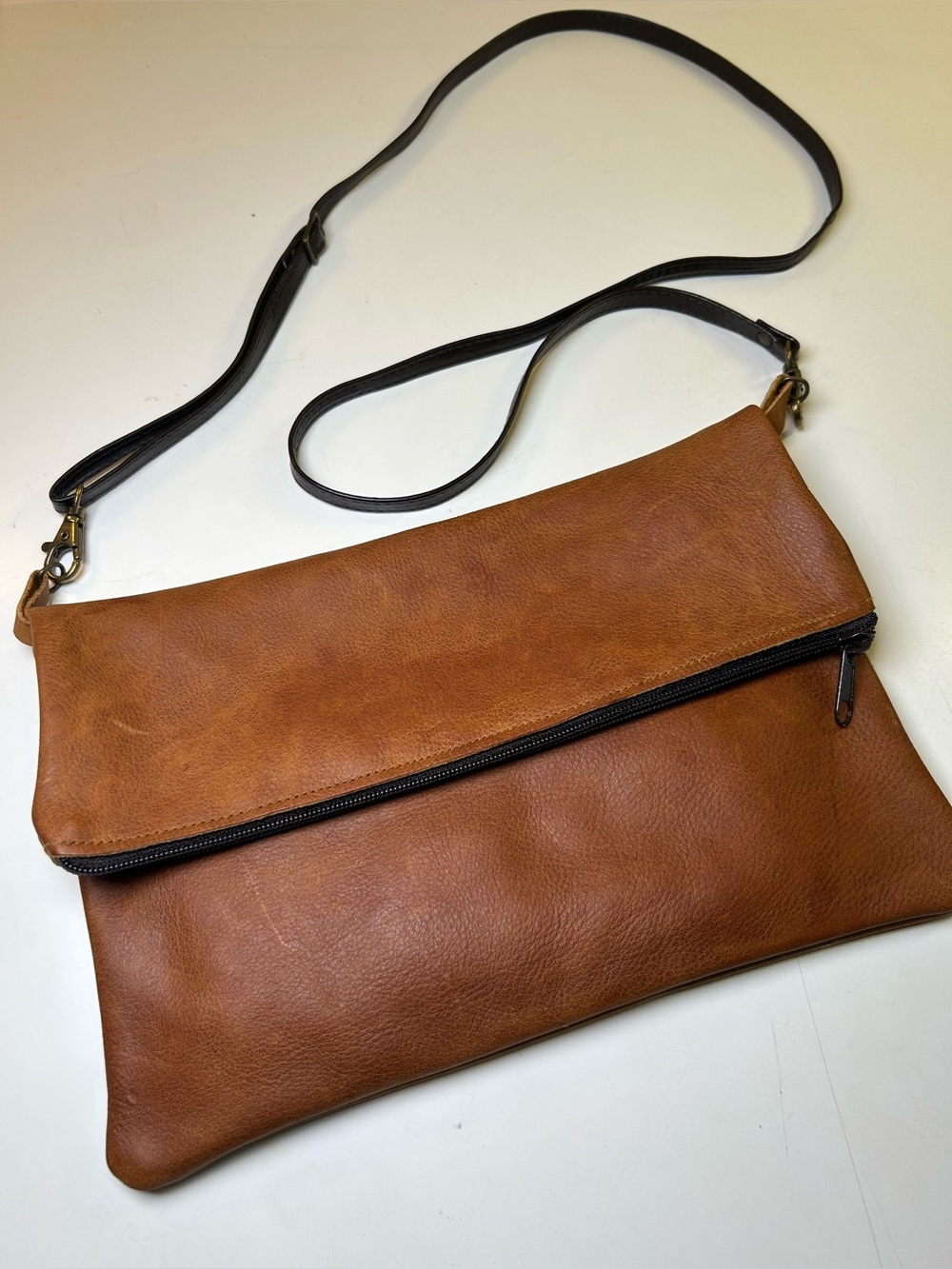 Soft Unstructured Golden Tan/Cognac Leather Foldover Flap Shoulder Crossbody Bag